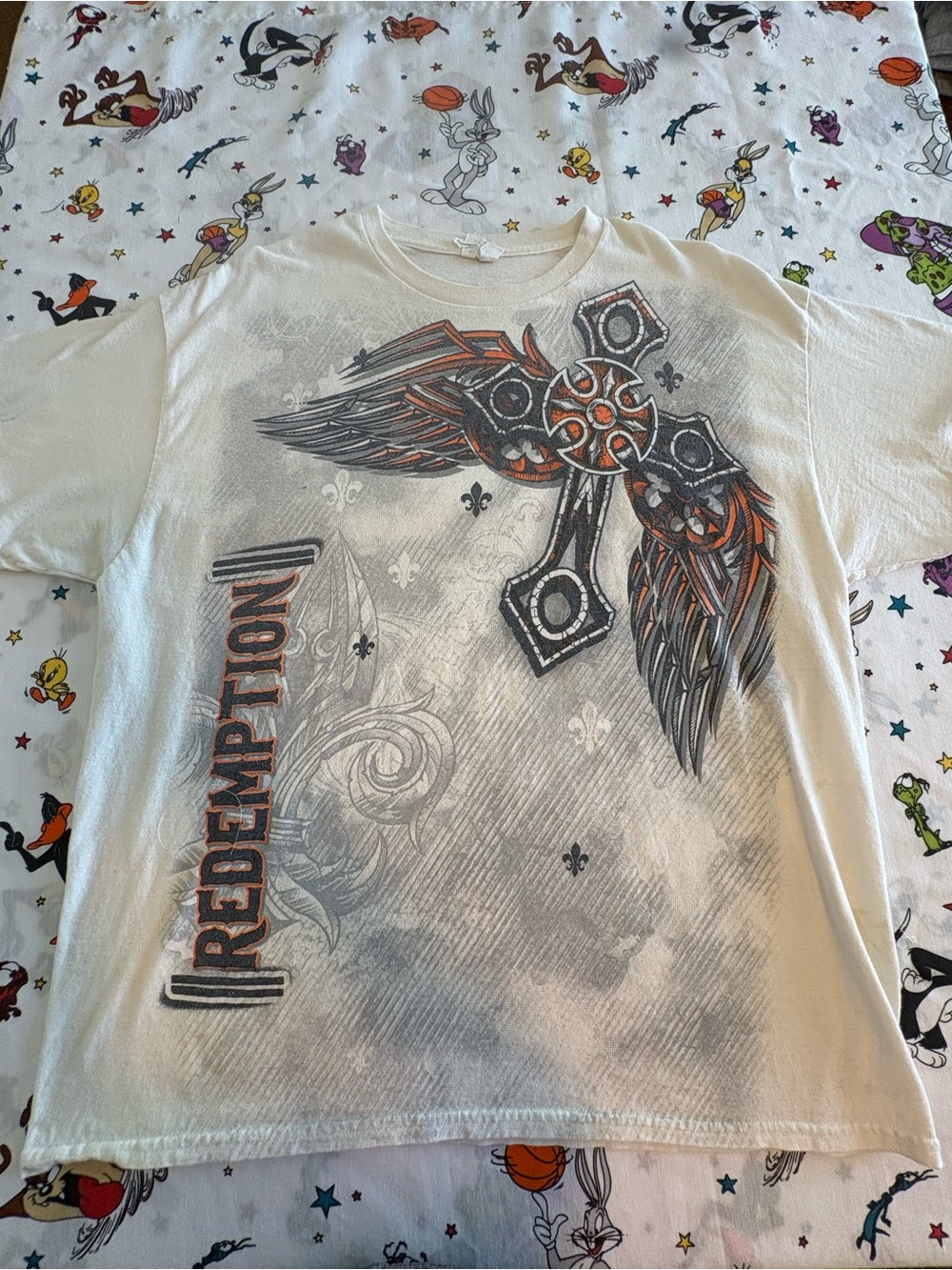 Gildan Cream Short Sleeve Tee with Orange and Black Winged Cross Graphic